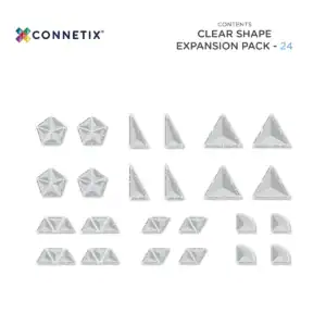 Inhoud van de Connetix Clear Shape Expansion Pack met 24 transparante magnetische vormen