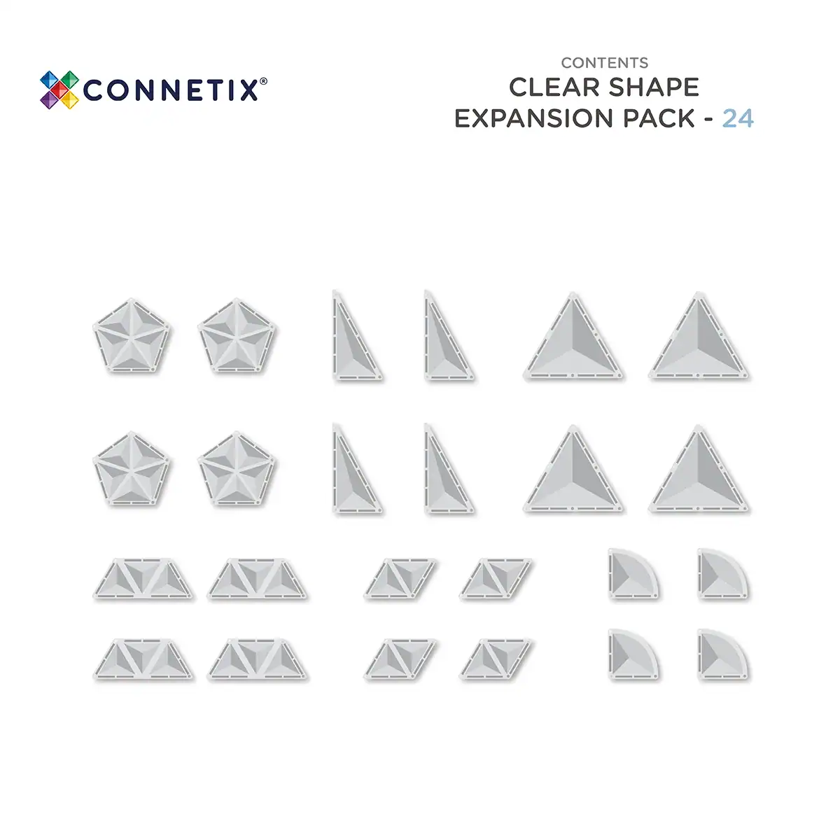 Connetix Clear Shape Expansion Pack 24 stuks – inhoud Inhoud van de Connetix Clear Shape Expansion Pack met 24 transparante magnetische vormen