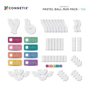 Inhoud van de Connetix Pastel Ball Run Pack met 106 magnetische knikkerbaanonderdelen