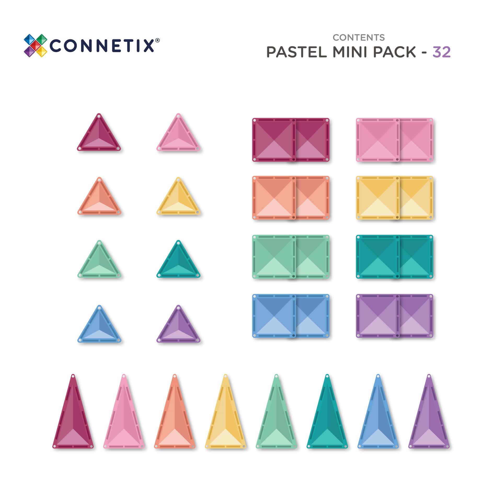 Connetix Pastel Mini Pack 32 stuks – inhoud Inhoud van de Connetix Pastel Mini Pack met 32 magnetische tegels