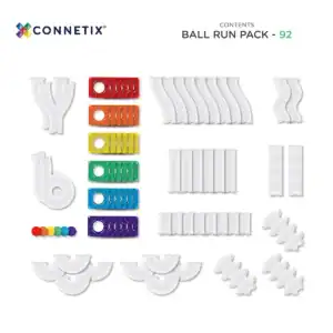 Inhoud van de Connetix Rainbow Ball Run Pack met 92 magnetische knikkerbaanonderdelen