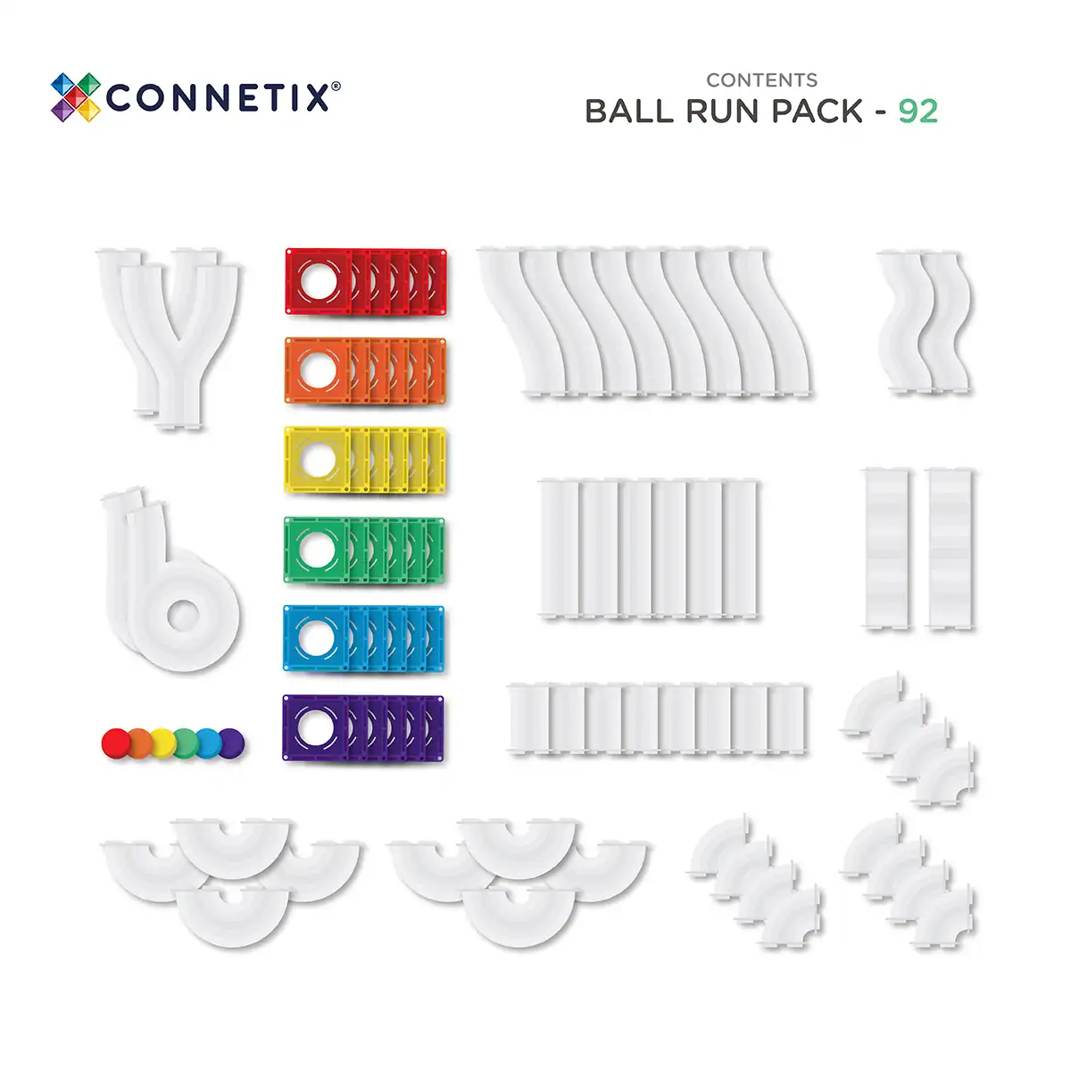Connetix Rainbow Ball Run Pack 92 stuks – inhoud Inhoud van de Connetix Rainbow Ball Run Pack met 92 magnetische knikkerbaanonderdelen