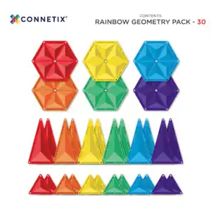 Inhoud van de Connetix Rainbow Geometry Pack met 30 magnetische zeshoeken en driehoeken