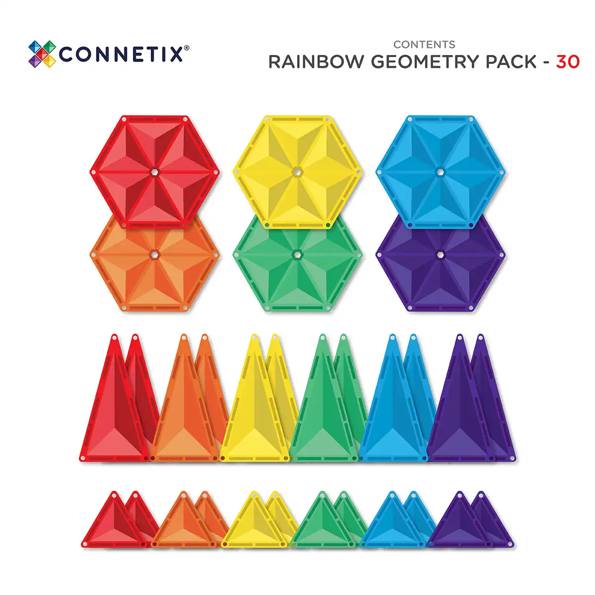 Connetix Rainbow Geometry Pack 30 stuks – inhoud Inhoud van de Connetix Rainbow Geometry Pack met 30 magnetische zeshoeken en driehoeken
