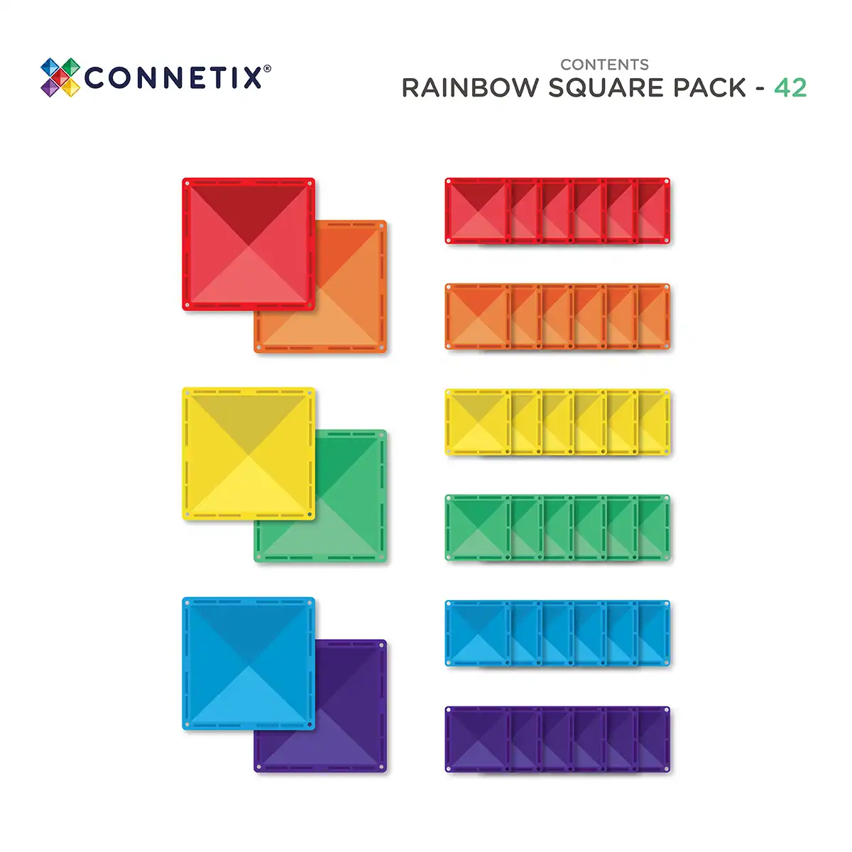 Connetix Rainbow Square Pack 42 stuks – inhoud Inhoud van de Connetix Rainbow Square Pack met 42 magnetische vierkanten