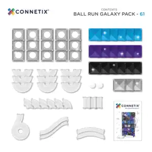 Inhoud van de Connetix Ball Run Galaxy Pack met 61 onderdelen, glittertegels en lichtballen