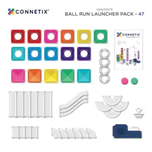 Inhoud van de Connetix Ball Run Launcher Pack met 47 onderdelen en lanceertegel