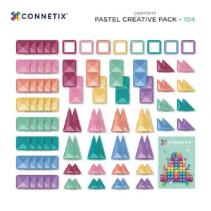 Inhoud van de Connetix Pastel Creative Pack met 104 magnetische tegels in pastelkleuren