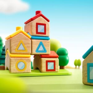 SmartGames Stapel Dorp met zes gekleurde houten huisjes en spelbord