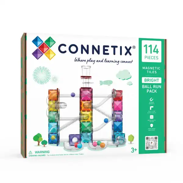 Connetix Ball Run Bright Pack met 114 onderdelen en houten ballen