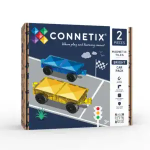 Connetix Bright Car Pack met een blauwe en gele autobase met rubberen wielen