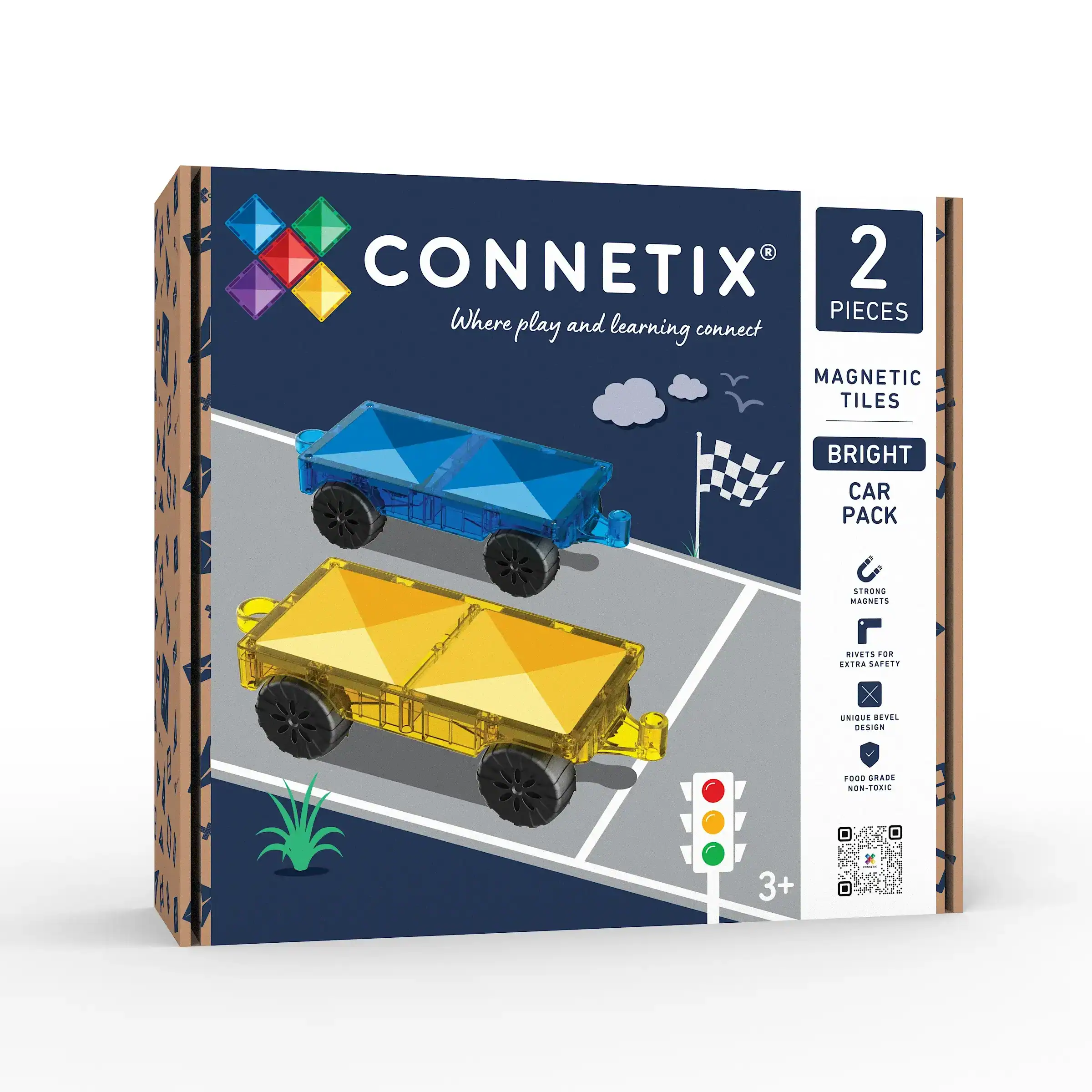 Connetix Bright Car Pack 2 Stuks Connetix Bright Car Pack met een blauwe en gele autobase met rubberen wielen