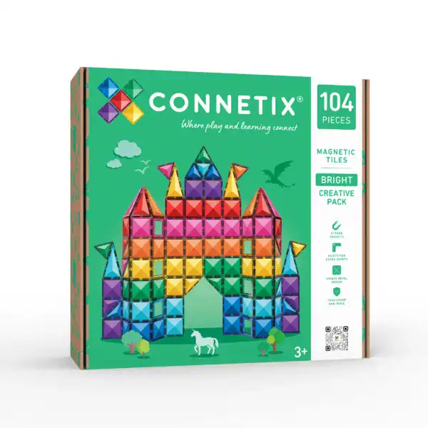 Connetix Bright Creative Pack met 104 magnetische tegels in acht heldere kleuren