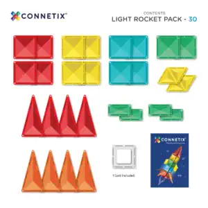 Inhoud van de Connetix Light Rocket Pack met 30 magnetische tegels en een oplaadbare lichttegel