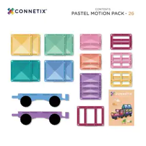 Inhoud van de Connetix Pastel Motion Pack met 26 magnetische tegels en twee wielbases
