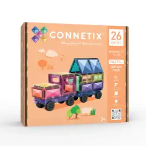 Connetix Pastel Motion Pack met 26 magnetische tegels en twee autobases met rubberen wielen