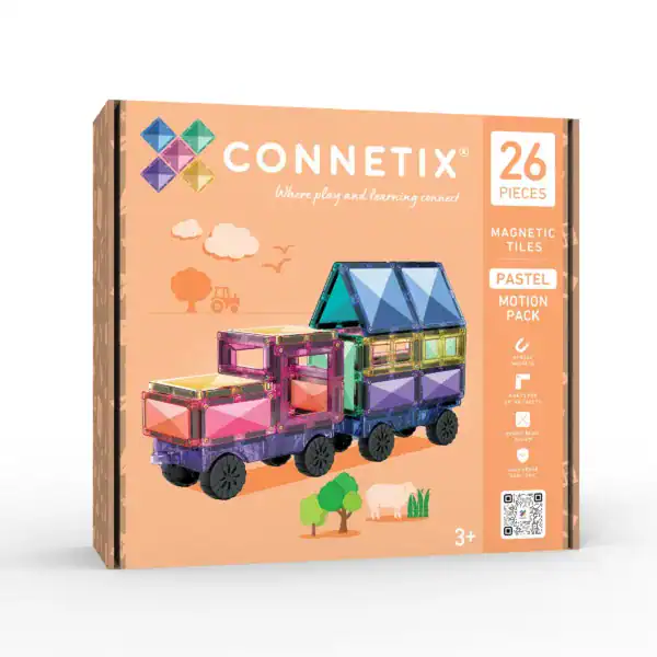 Connetix Pastel Motion Pack met 26 magnetische tegels en twee autobases met rubberen wielen