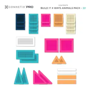 Inhoud van de Connetix PRO Animals Pack met 30 magnetische bouwonderdelen