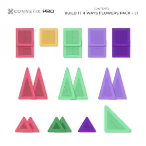Inhoud van de Connetix PRO Flowers Pack met 21 magnetische bouwonderdelen