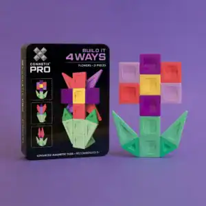 Vier bouwvoorbeelden uit de Connetix PRO Flowers Pack: tulp, roos, madelief en orchidee