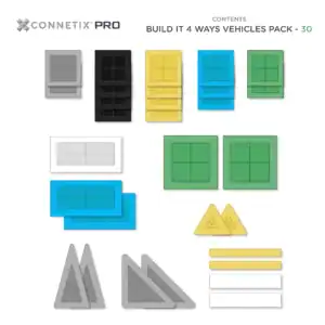 Inhoud van de Connetix PRO Vehicles Pack met 30 magnetische bouwonderdelen