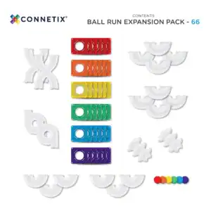 Inhoud van de Connetix Rainbow Ball Run Expansion Pack met 66 onderdelen