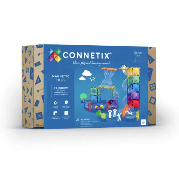 Verpakking van de Connetix Rainbow Ball Run Expansion Pack met 66 onderdelen