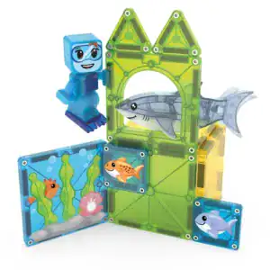 MAGNA-TILES Shark Dive bouwvoorbeeld met groene boog, haai en duiker