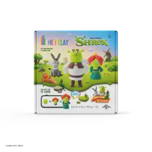 Voorkant van de HEY CLAY Shrek verpakking met Shrek, Fiona, Donkey en Gingy
