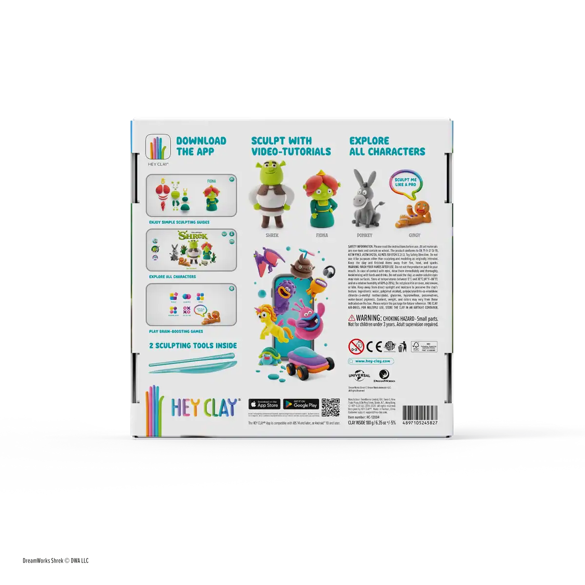 hey-clay-shrek-details Achterkant van de HEY CLAY Shrek verpakking met app-uitleg en voorbeelden van vier figuren