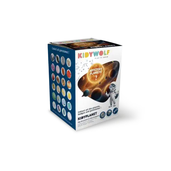 Kidywolf KIDYPLANET mysterybox met ruimteillustraties – voorbeeld van één afzonderlijk doosje