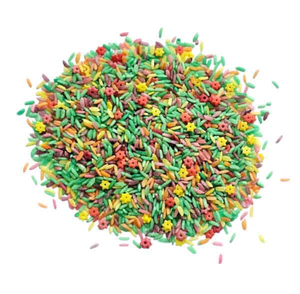 SensoryFun gekleurde speelrijst Flower Power in een herbruikbare pot van 1000 ml