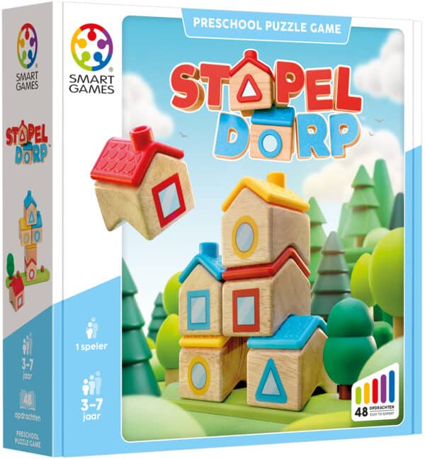 Nederlandse verpakking van SmartGames Stapel Dorp met 48 opdrachten