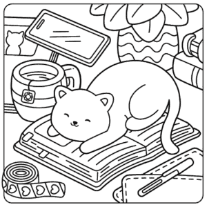 Inkijkpagina Comfy Cat Life met een slapende kat op een boek
