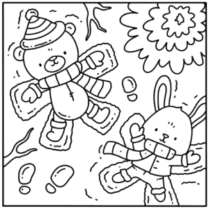 Inkijkpagina Cozy Winter met een beer en konijn die sneeuwengelen maken