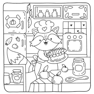 Inkijkpagina Cozy Autumn met een wasbeer die een taart bakt