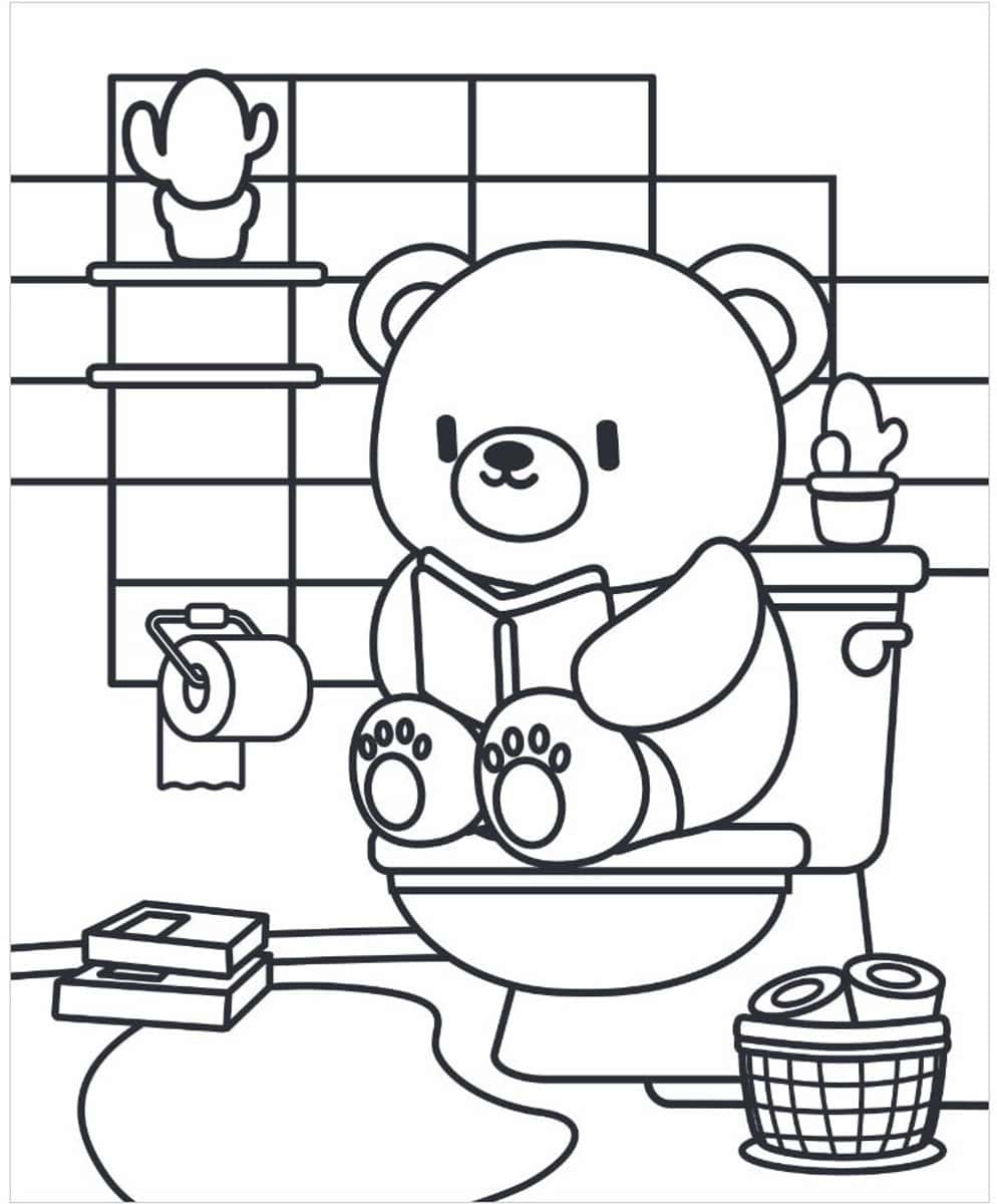 Cozy kleurboek – Home Sweet Home | ImageBooks – foto 2 Kleurplaat uit Home Sweet Home met een beer op het toilet