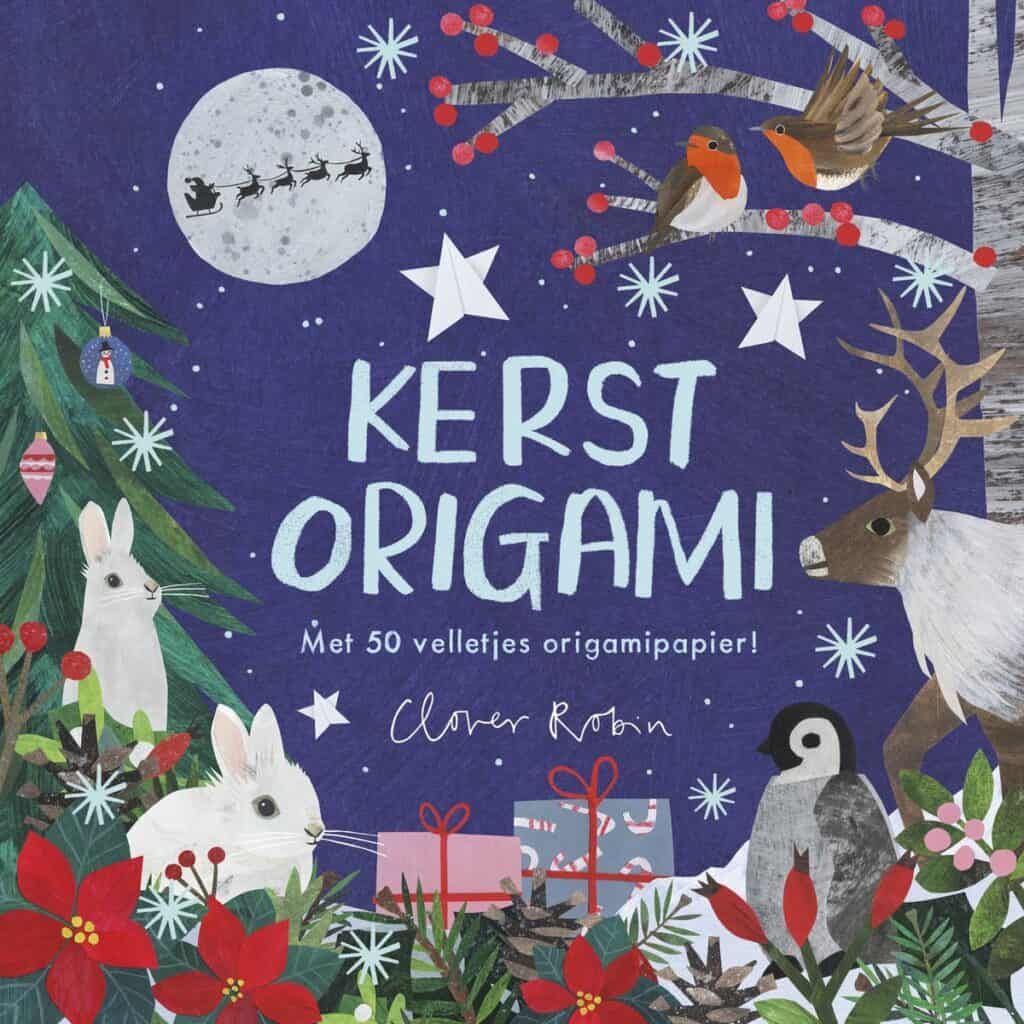 Voorkant van Kerstorigami met winterdieren, kerstboom en cadeautjes
