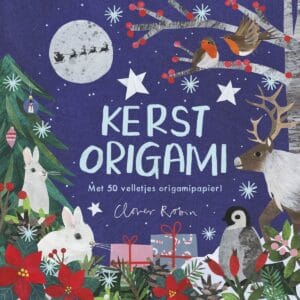 Voorkant van Kerstorigami met winterdieren, kerstboom en cadeautjes