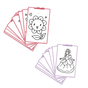 Twee stapels KIDYDRAW Mini navulkaarten met een prinses en een lachende bloem