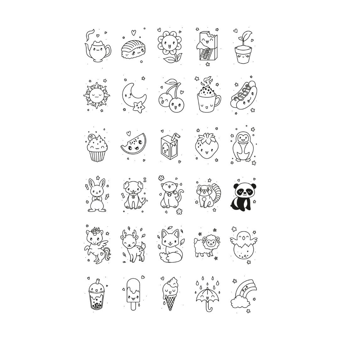 Overzicht van de 30 kawaii-tekenvoorbeelden uit de KIDYDRAW Mini refill Overzicht van de 30 kawaii-tekenvoorbeelden uit de KIDYDRAW Mini refill