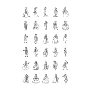 Overzicht van de 30 prinsessen-tekenvoorbeelden uit de KIDYDRAW Mini refill