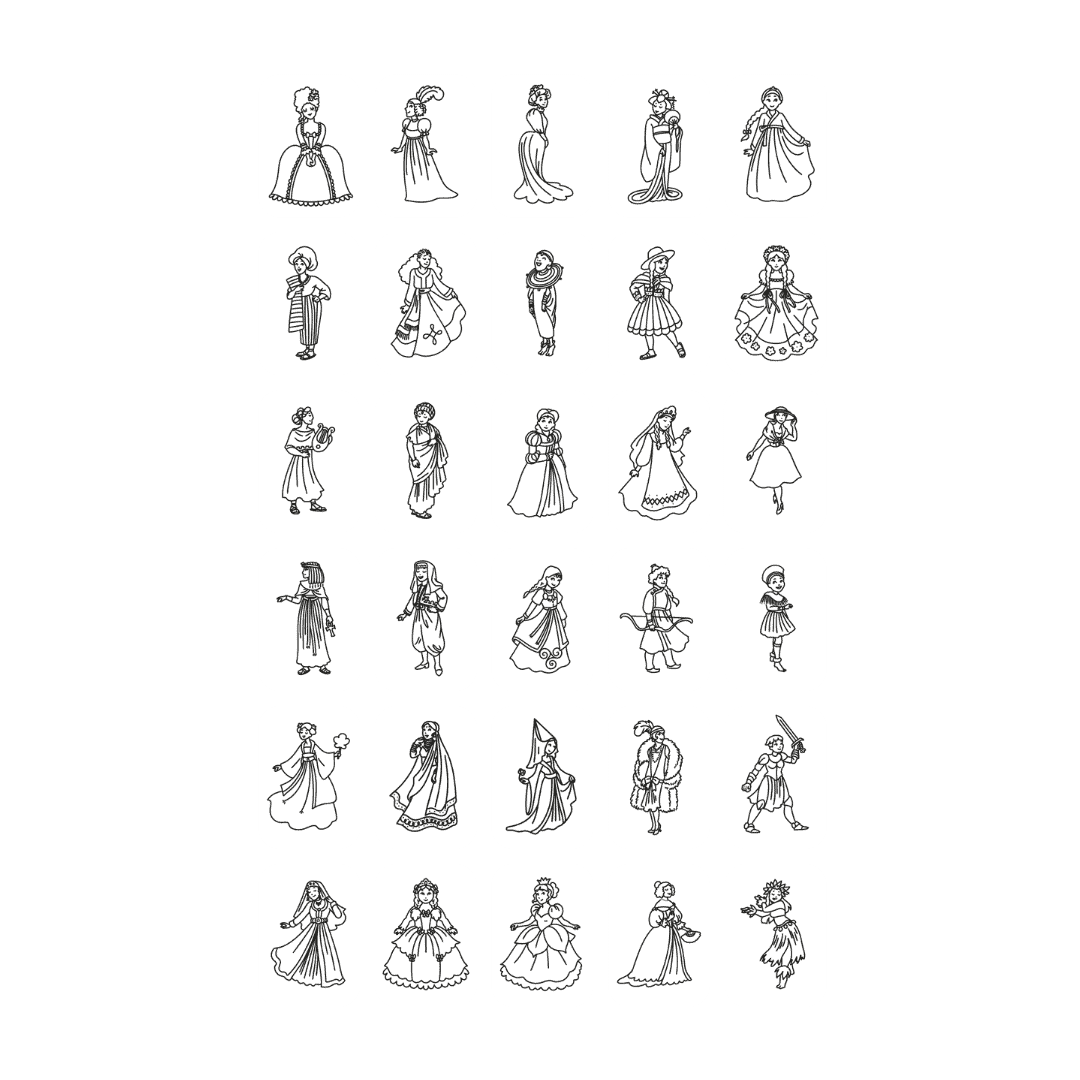 Overzicht van de 30 prinsessen-tekenvoorbeelden uit de KIDYDRAW Mini refill Overzicht van de 30 prinsessen-tekenvoorbeelden uit de KIDYDRAW Mini refill