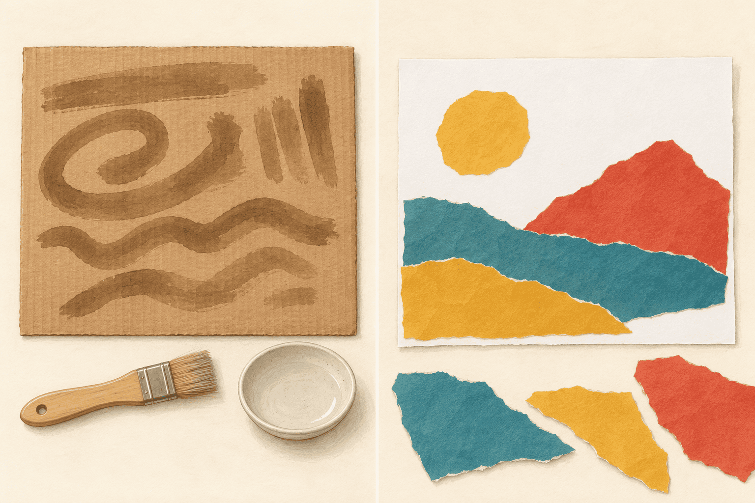 Voorbeeldillustratie: waterstrepen op bruin karton en een landschap van grote gescheurde papierstukken