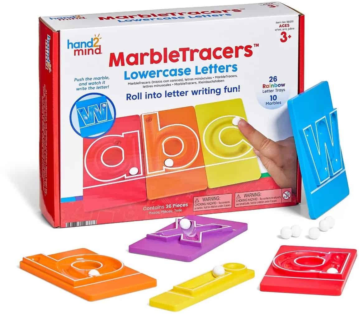 MarbleTracers Kleine Letters – verpakking en letterbanen Learning Resources MarbleTracers Kleine Letters met verpakking, gekleurde letterbanen en witte knikkers