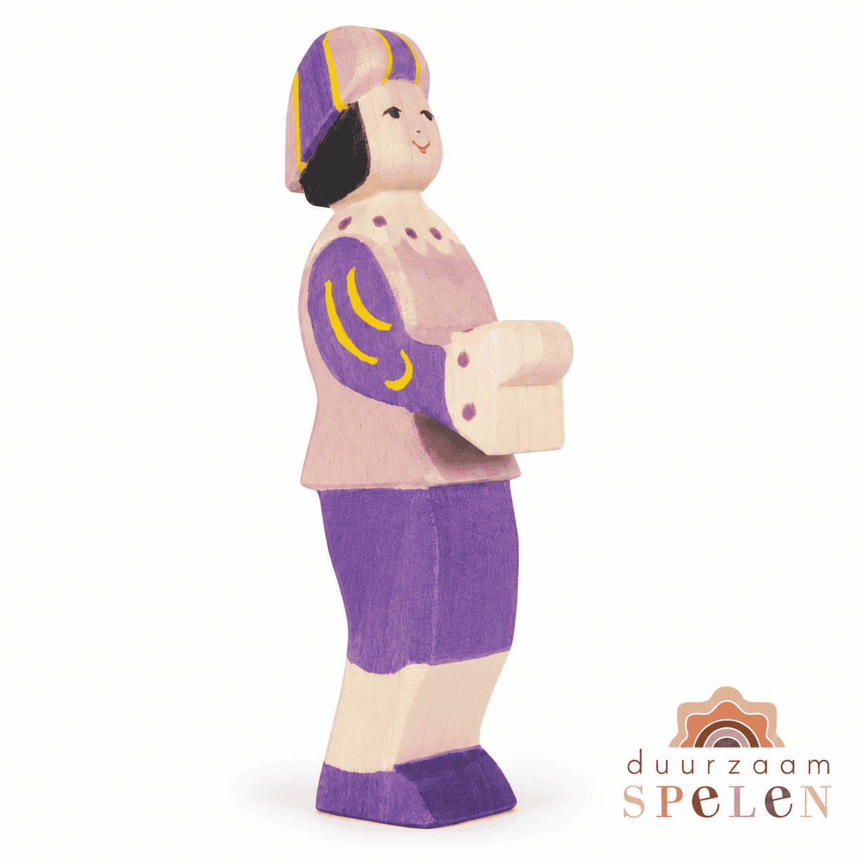 ostheimer-piet-38015-duurzaam-spelen Ostheimer Piet 38015, houten figuur in roze en paarse kleding met gele details