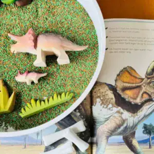 Speelvoorbeeld met SensoryFun natuurparels en dinosaurusfiguren in een speelbak