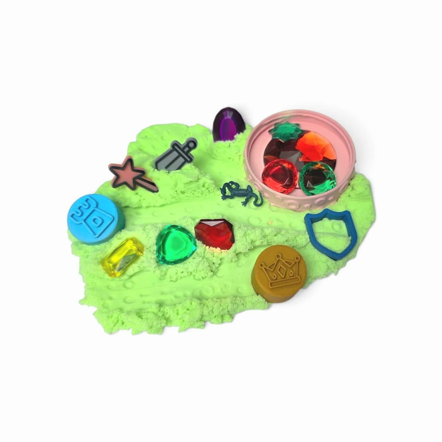 SensoryFun Play & Create RoyalFun Groen Magic Sand met kroonstempel, schildvorm en decoratiestenen uit SensoryFun Play & Create RoyalFun