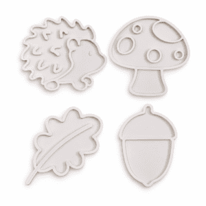 Studio Pretletter Herfst 2 bundel met vier witte PLA vulvormen: egel, paddenstoel, blad en eikel