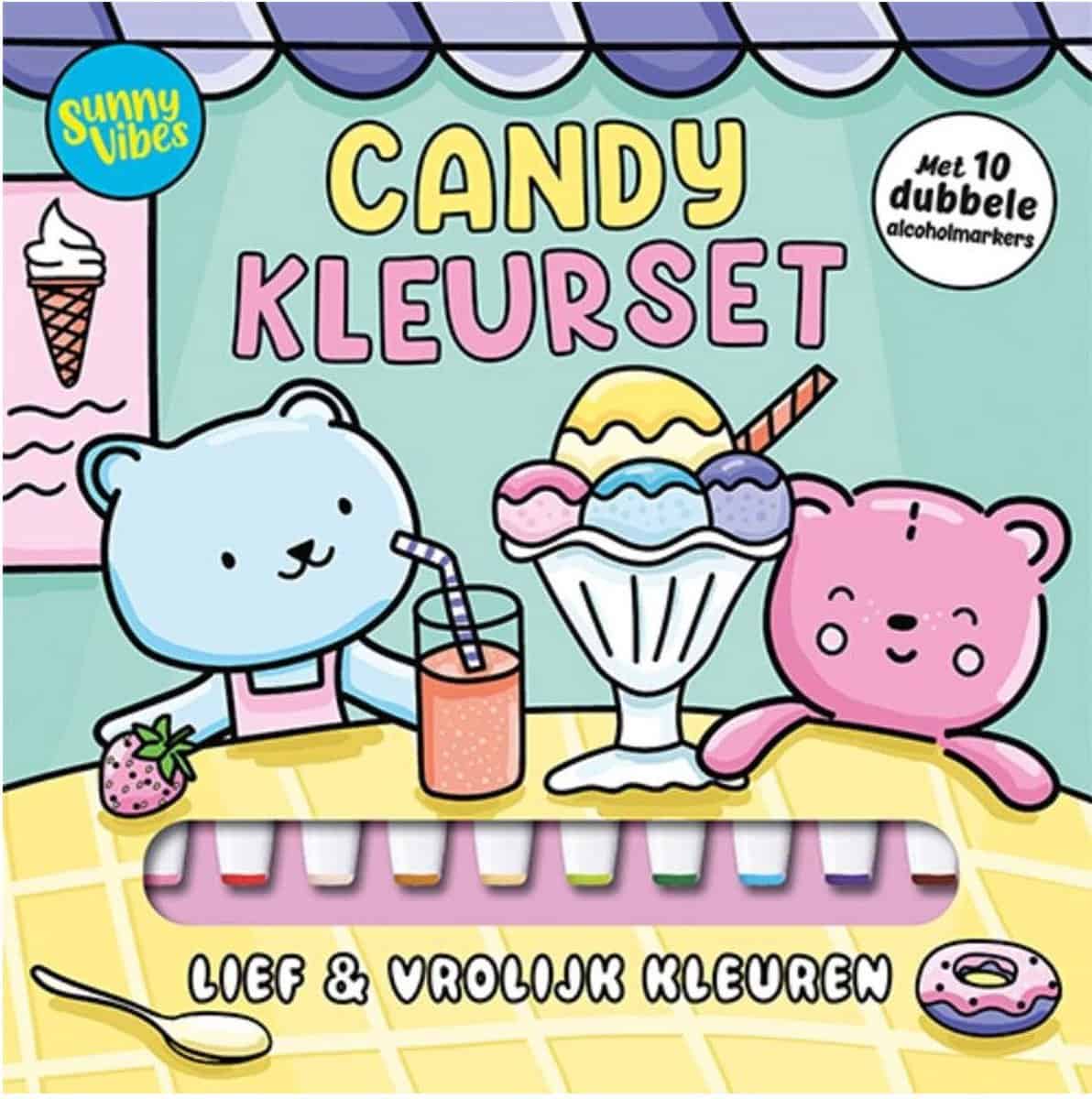Sunny Vibes – Candy kleurset | Kleurboek met 10 alcoholmarkers – foto 1 Voorkant van Sunny Vibes Candy kleurset met olifant, beer en tien markers
